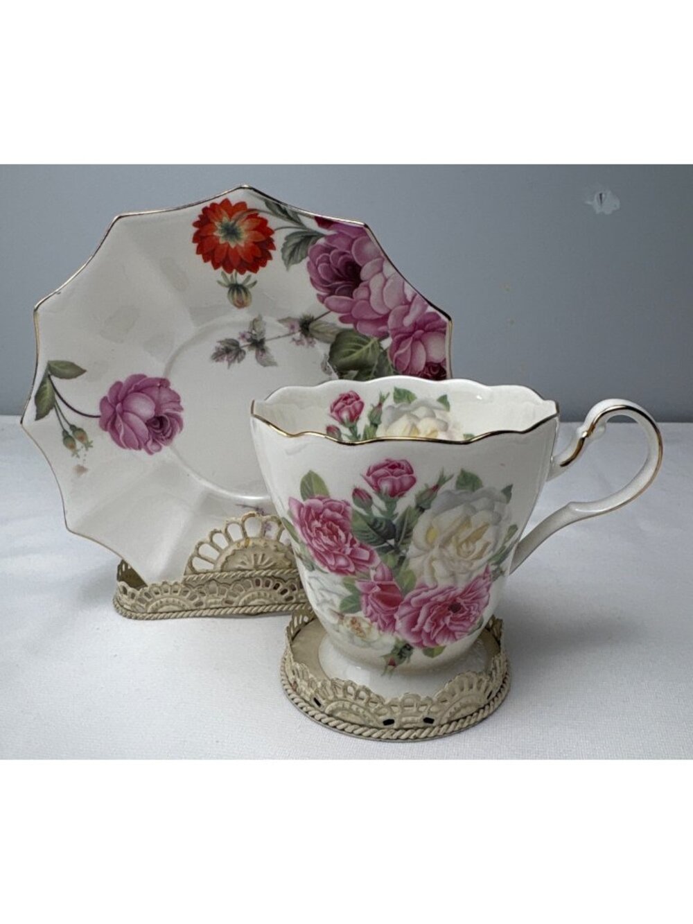 Floral China Teacup & Saucer Set Gold Trim Romantic Rose Pattern